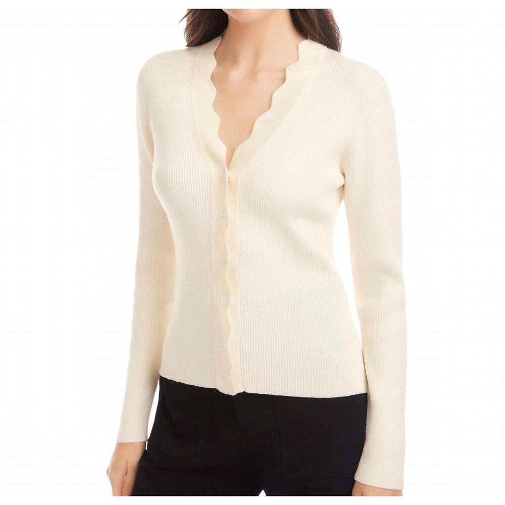 Fifteen Twenty Ivory Scallop V-Neck Ribbed Cardigan